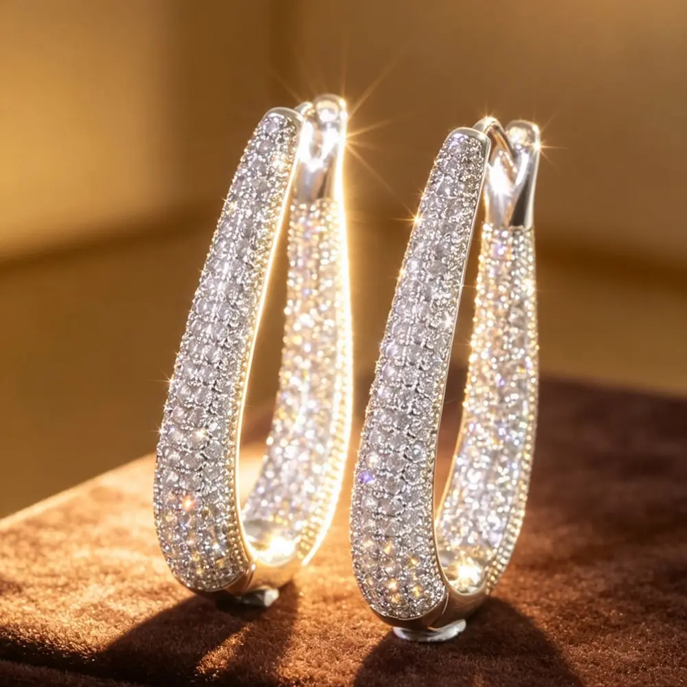 Women Full Pave Teardrop Hoop Earrings, Sparkly U‑Shape Statement Circle Earrings, Elegant Bridal Hoop Earrings, Stylish Ornament for Wedding Prom Banquet Dating Daily Wear