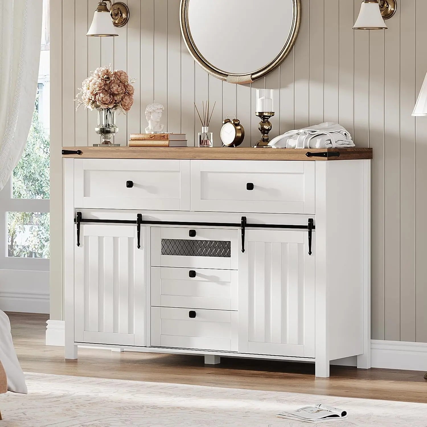 Gaomon 47 in Dresser - Rustic White Farmhouse Sideboard Buffets Cabinet with 5 Drawers, 2 Sliding Barn Doors, Sturdy Multi-Functional Design, Necessary Hardware Included, Ideal for Bedroom, Living Room TV Stand