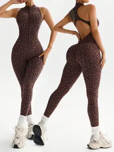 1pc Women’s Seamless Leopard Print Workout Jumpsuit - Front Zipper Racerback Backless Yoga Gym Fitness Activewear One Piece Outfit Women, leopard gym jumpsuit women, seamless yoga outfit