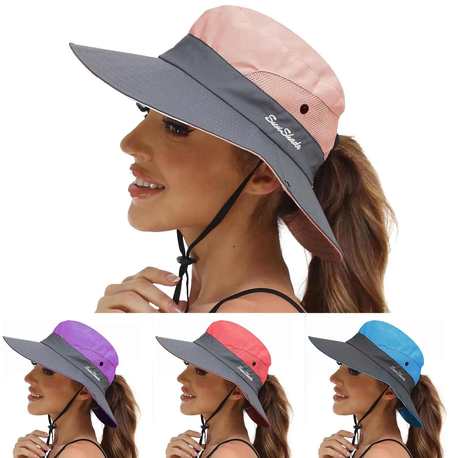 Women Ponytail Sun Hat UV Protection Wide Brim Safari Fishing Cap Bucket Hat Boonie Beach Outdoor Travel Cap