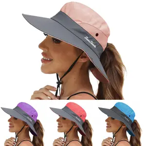 Women Ponytail Sun Hat UV Protection Wide Brim Safari Fishing Cap Bucket Hat Boonie Beach Outdoor Travel Cap