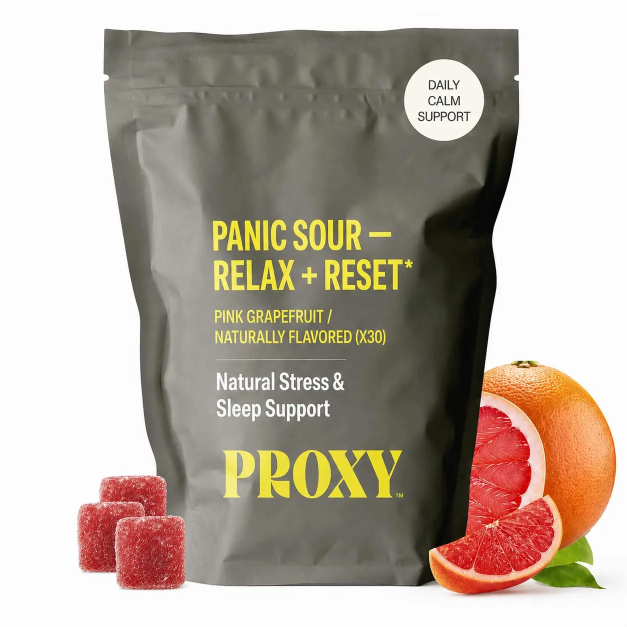 PROXY Panic Sour Gummies – Daily Nutrition Supplement for As Needed Stress Support with GABA & L-Theanine | Vegan, Non-GMO & Gluten Free Wellness Formula | Tart Grapefruit Flavor | 30 Count