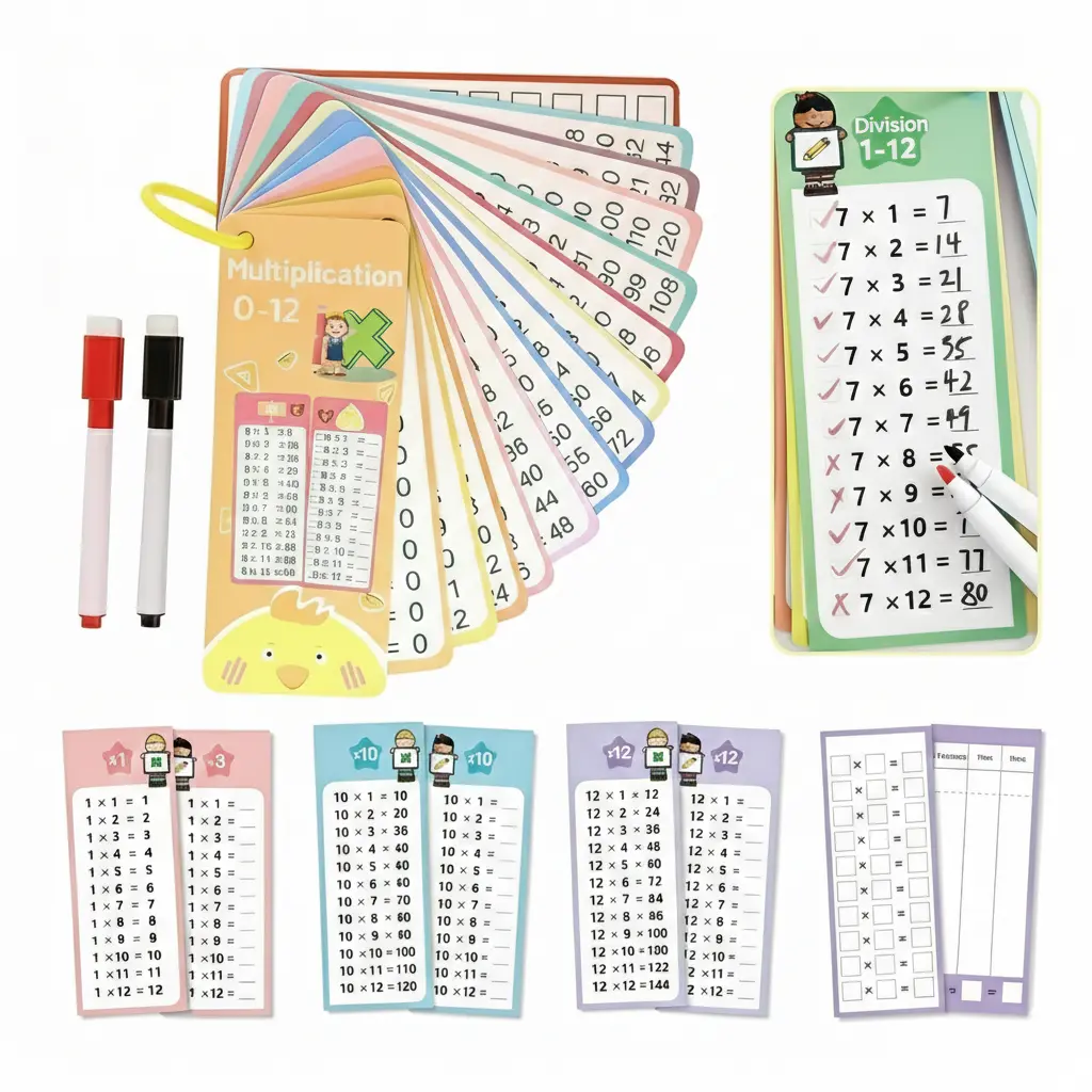 Bilingual Multiplication Flash Cards 0-12 (15 PCS) with Dry Eraser Markers, Portable Ring Clips, Math Learning Tools, Hands-On Game for 3-12 Years Kids, Travel & School Use Educational Toy