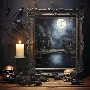 Enchanting Celestial Moon Art Print - Vintage-Inspired - Dark Academia, Dark Cottagecore, Night Sky Painting, Moon Art Print, Unframed