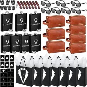 70 count Groomsmen Gifts Groomsmen Proposal Box with Flasks Sunglasses PU Leather Toiletry Bag Bottle Opener for Wedding Groomsman  Man  (Brown)