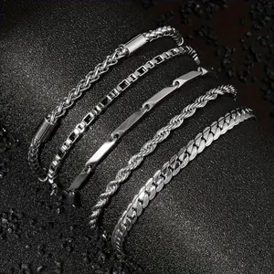 5pcs Men's Stainless Steel Chain Bracelets - Vintage Style Twisted Rope Design, Durable & Stylish for Casual Wear, Parties, Birthdays, Christmas Gifts, or Everyday Use, Party Accessories, Twisted Rope Bracelets, Quality Craftsmanship