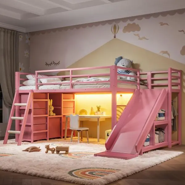 [Bellemave]Twin Size Metal Loft Bed with Slide & Ladder, Metal Loft Bed with Storage Drawers and Hanging Area, Metal Bed Frame with LED strip for Kids Teens
