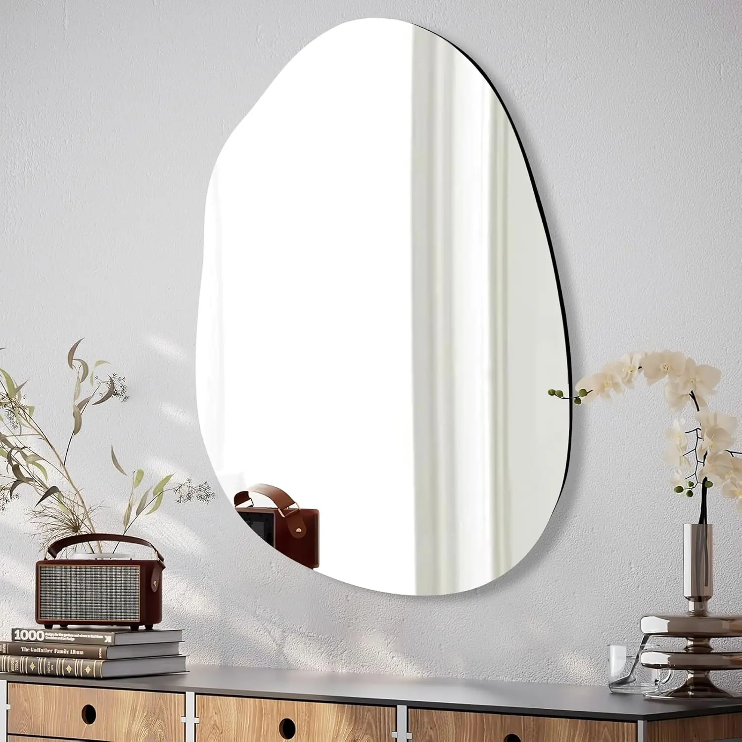 Black 22x30 Inch Irregular Wall Mirror for Bathroom | 22x30 Inch Irregular Wall Mirror, Thin Narrow Black Minimalist Frame, Creative Asymmetrical Wall Mount Decor Mirror