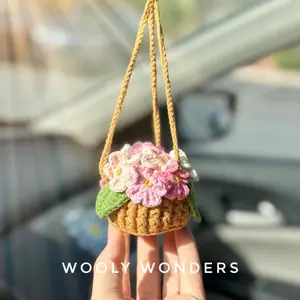 Forget-me-not Flower Pot, Car Accessories for Women, Crochet Hanging Plants, Cute Rear Mirror Decor, Gifts for Her, Car Plant Decor
