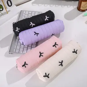 Cute bow pencil case, striped bread-shaped portable zipper stationery desktop storage bag, exquisite back-to-school gift
