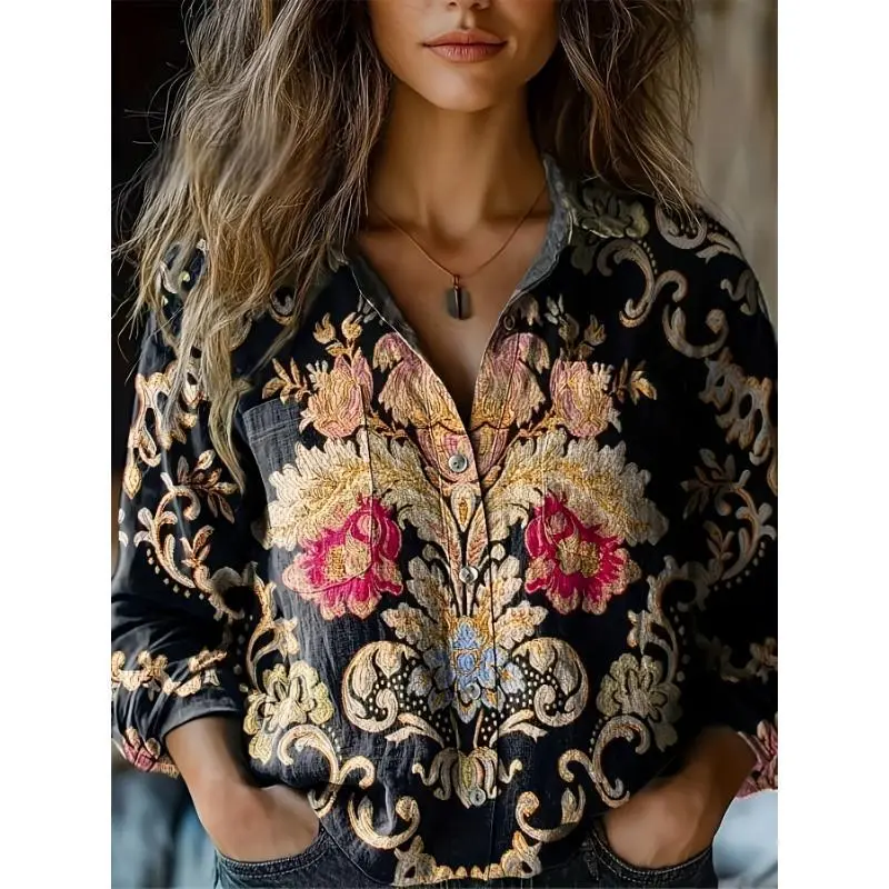 (New)() Bohemian Women's Long-sleeved Buttons, With Bright Pesley Print-casual Polyester Fiber Blend, Machine Washing, Collar Design, Four Seasons Wear, Conventional Version, Four Seasons Clothing |     Bohemian Style |     Smooth Fabric