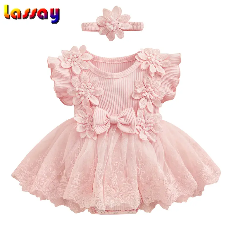 Baby Girl 2 Piece Outfits Mesh Lace Patchwork Ruffle Romper Dress and Headband Cute Fashion Summer Clothes