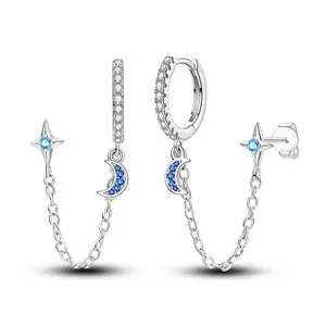 NARMO S925 silver star and moon double-layer tassel earrings | starry sky chain earrings | mysterious retro asymmetrical design | shining zircon earrings | high-end luxury style