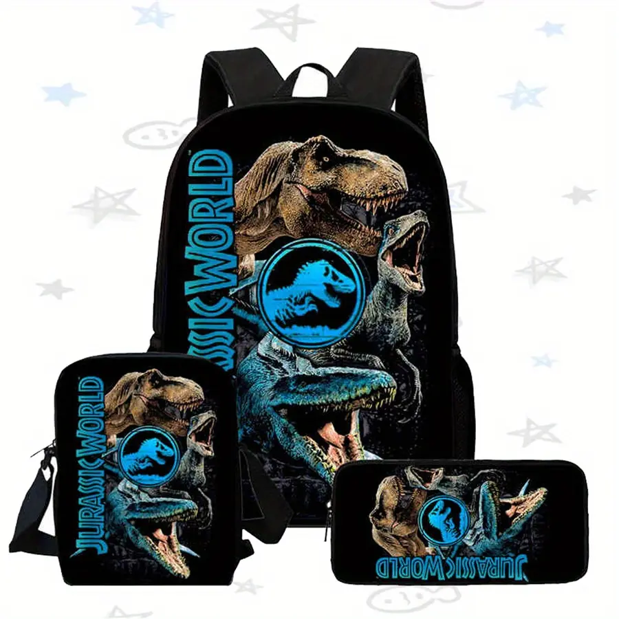 Kids Backpack 3-Pieces Match Set, Dino-World Style Graphic Oxford Cloth Daypack for Dinosaur Lovers with Insulated Lunch Bag & Mesh Bottle Pockets