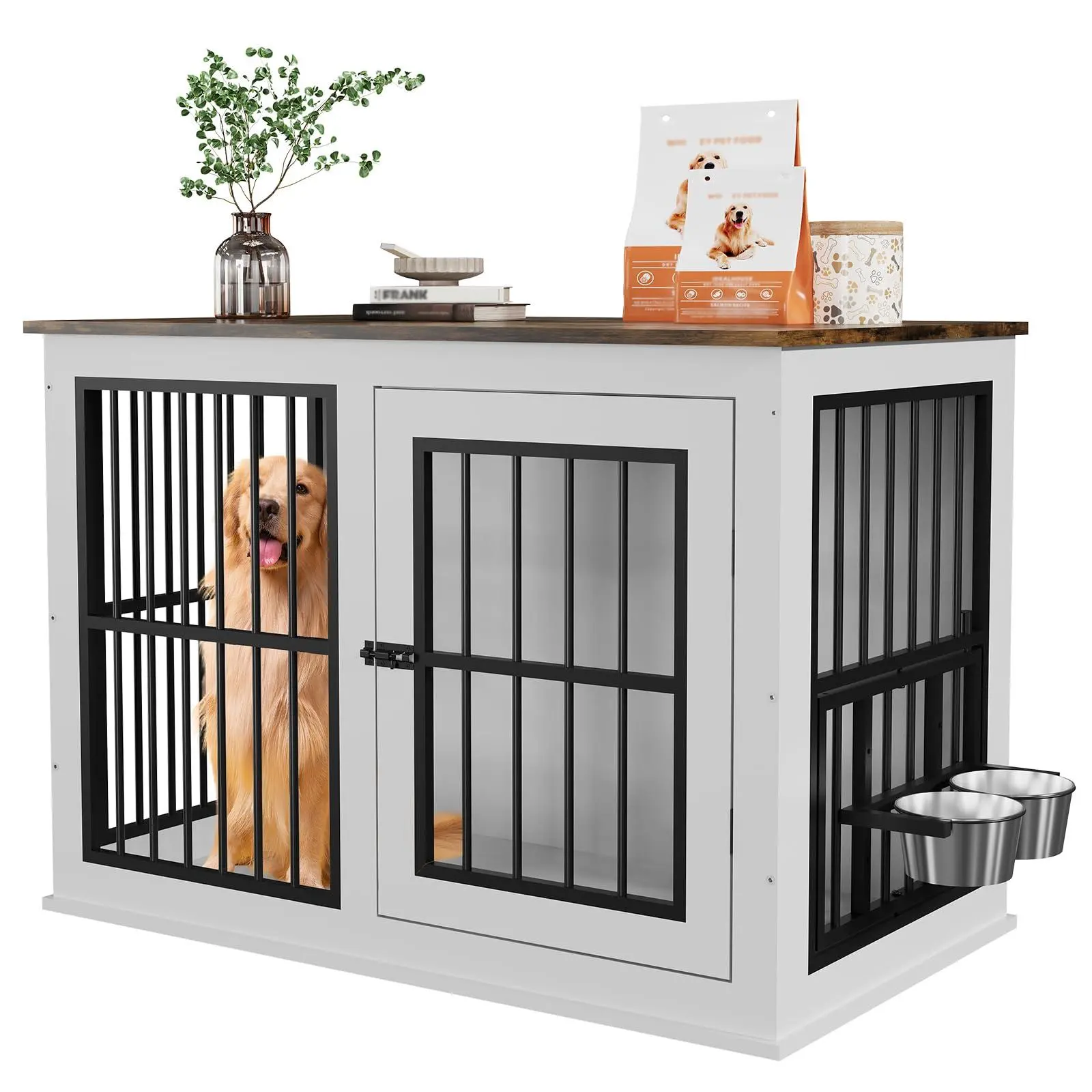 40 Inch Dog Crate Furniture, Wooden Side Table with Removable Bowls & Adjustable Feet, Indoor Dog Kennel for Medium Large Dogs, Vintage White
