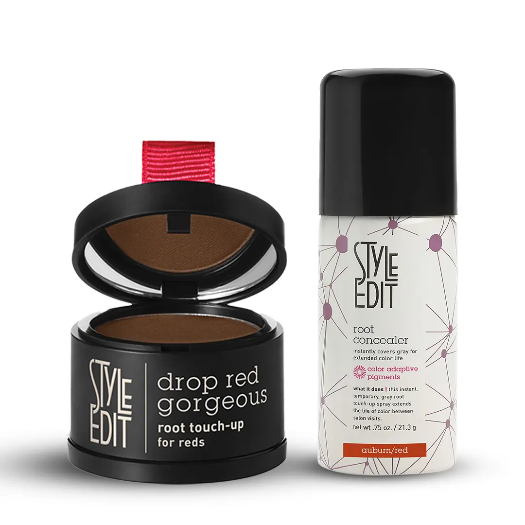 Style Edit Red Travel Duo: Root Touch Up Powder and Travel Size Auburn/Red Root Concealer Spray hairline powder root cover up
