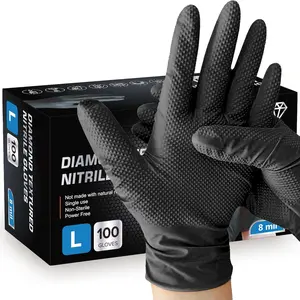 Heavy Duty Black Nitrile Gloves, 8 Mil Disposable Latex Free Gloves, Raised Diamond Texture, Powder Free, 100 Count