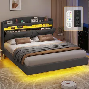 SIKAIC King Size Upholstered Floating Bed Frame with Charging Station, LED-Lit Headboard, Storage, No Box Spring Needed - Dark Grey Modern Indoor Bedroom Furniture, Bed Frame King Size