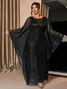 Plus Size Women's Round Neck Batwing Sleeve Shimmer Sequin Long Dress, Elegant Party Gown, Mixed Fabric Evening Prom Carpet Dress