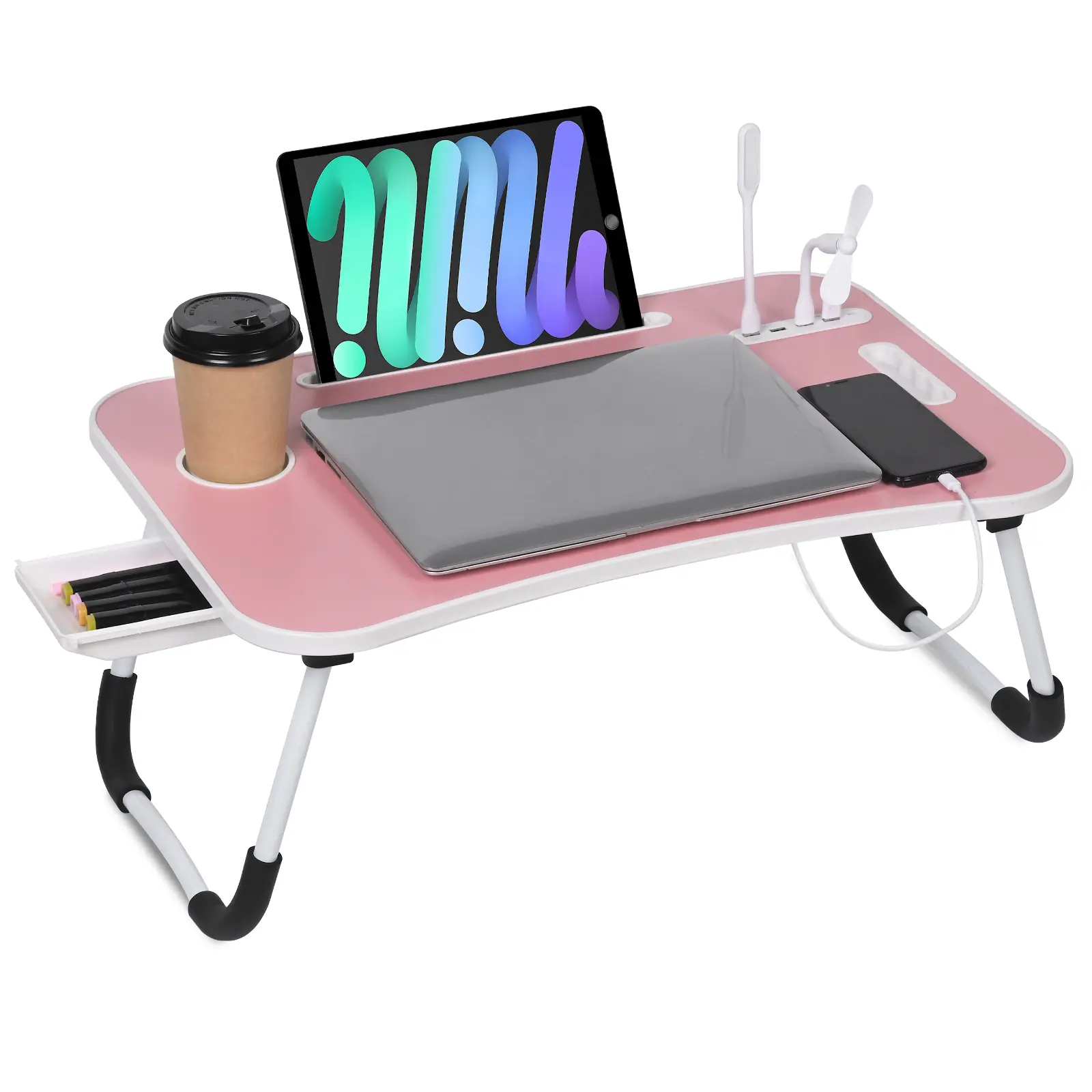 FASTWING Laptop Bed Desk, Portable Foldable Laptop Table, Lap Desk Tray Table with 4 USB Ports, Storage Drawer and Cup Holder, for Bed/Couch Working, Reading
