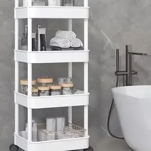 Multi-layer storage rack with wheels for pushing, tidy kitchen storage trolley, movable, space-saving storage cart, easy-to-assemble storage trolley, Bathroom Shelf Organizer