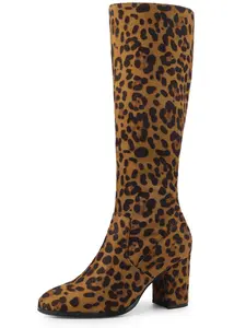 BLISSFUL STEP Women's Round Toe Chunky Heels Knee High Boots