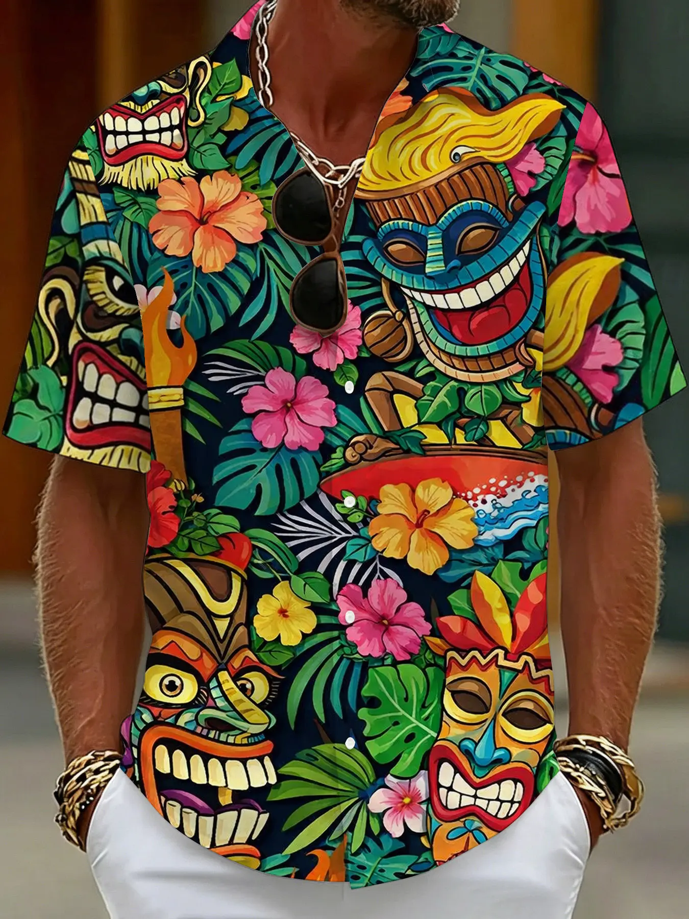 Hawaiian-style Tiki mask tropical floral print casual printed short-sleeved shirt Hawaiian-style Tiki mask tropical floral print casual printed short-sleeved shirt