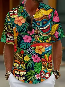 Hawaiian-style Tiki mask tropical floral print casual printed short-sleeved shirt