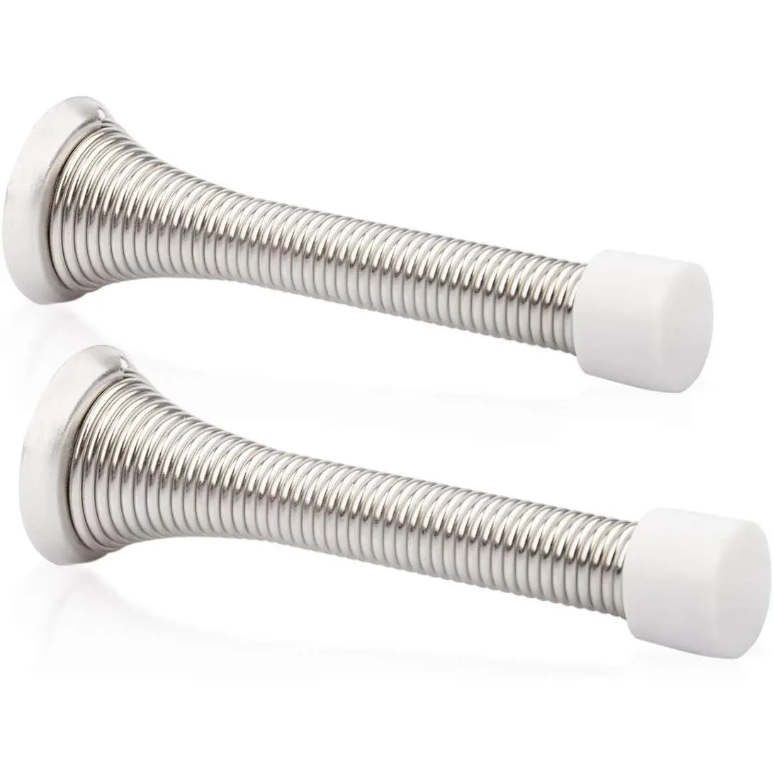 2 Pack Spring Door Stopper Brushed Satin Nickel- 3-1/4" Flexible Spring Door Stops with White Rubber Bumper Tips