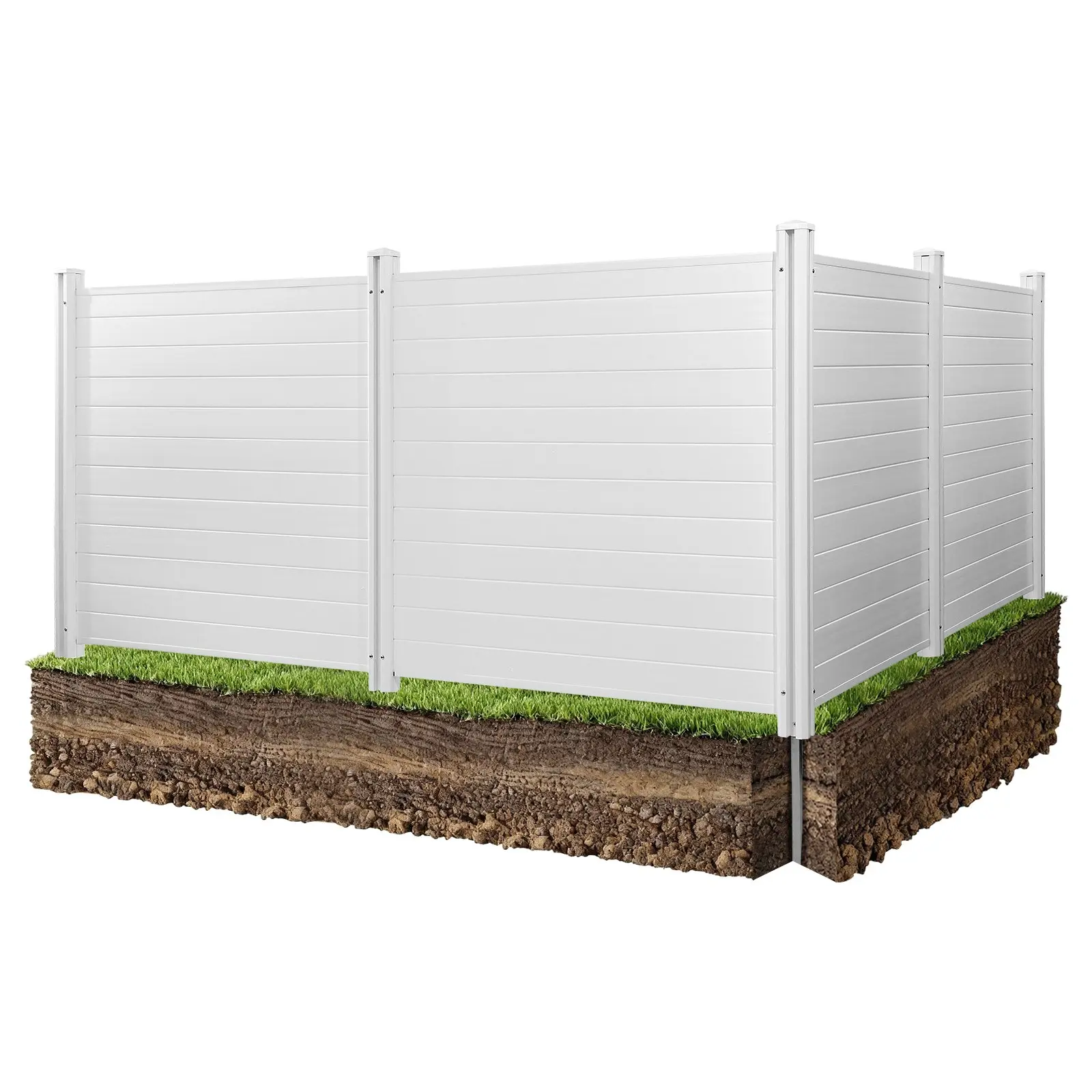 VEVOR 4-Panel PVC Vinyl Outdoor Privacy Barrier, 50x50in Weatherproof Horizontal Fence with 27.6in Ground Stakes, Easy-to-Install Enclosure for Trash Can, A/C Units, White