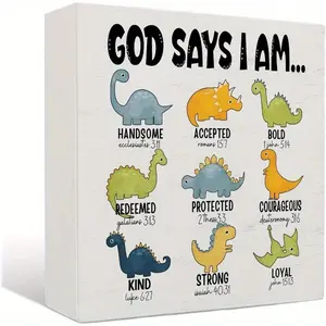 Christian Kids God Says I Am Dinosaur Wooden Home Sign - Dinosaur Room Decor for Boys, Affirmations Gifts for Kids Bible Verse Wood Signs for Toddler Boys Room Desk Shelf Tabletop Decor, 5x5 Inches