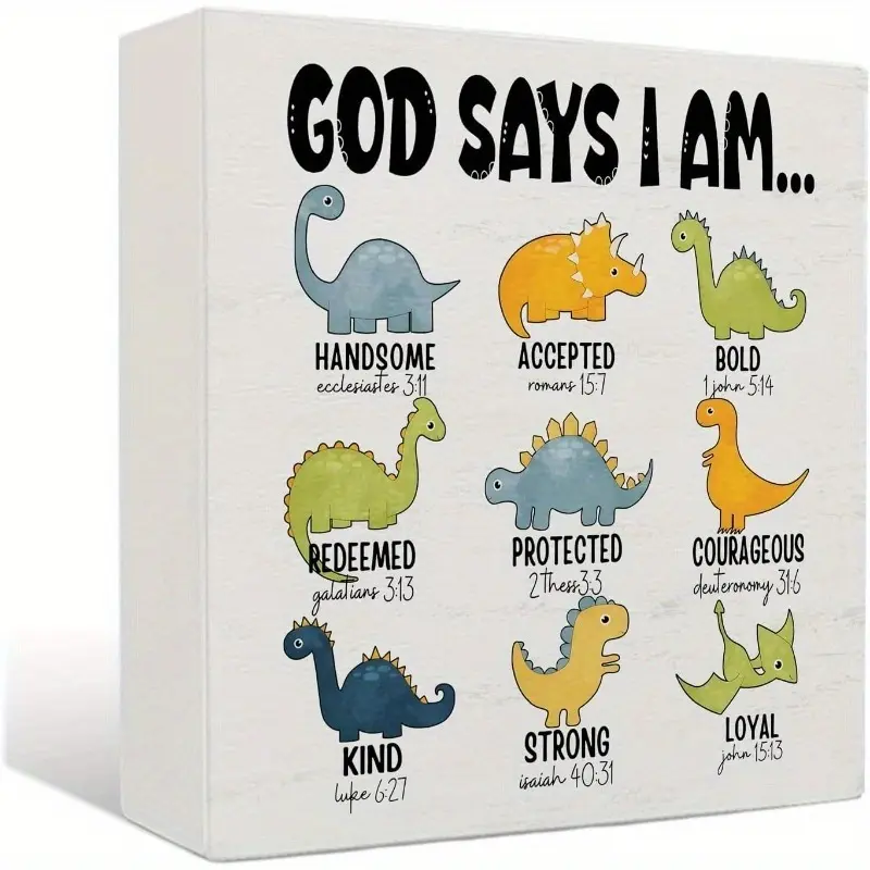 Christian Kids God Says I Am Dinosaur Wooden Home Sign - Dinosaur Room Decor for Boys, Affirmations Gifts for Kids Bible Verse Wood Signs for Toddler Boys Room Desk Shelf Tabletop Decor, 5x5 Inches, Decorative Plaque