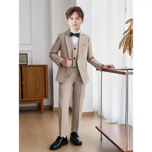 (New)4pcs Boys Solid Color Suit Set with Bow Tie, Lapel Collar, Long Sleeve Party Suit with Vest and Pants, Non-Stretch Woven Fabric, Polyester and Spandex Blend, Ideal for Weddings, Piano Competitions, Hosting, Stylish Korean Fashion summer clothes Kid J