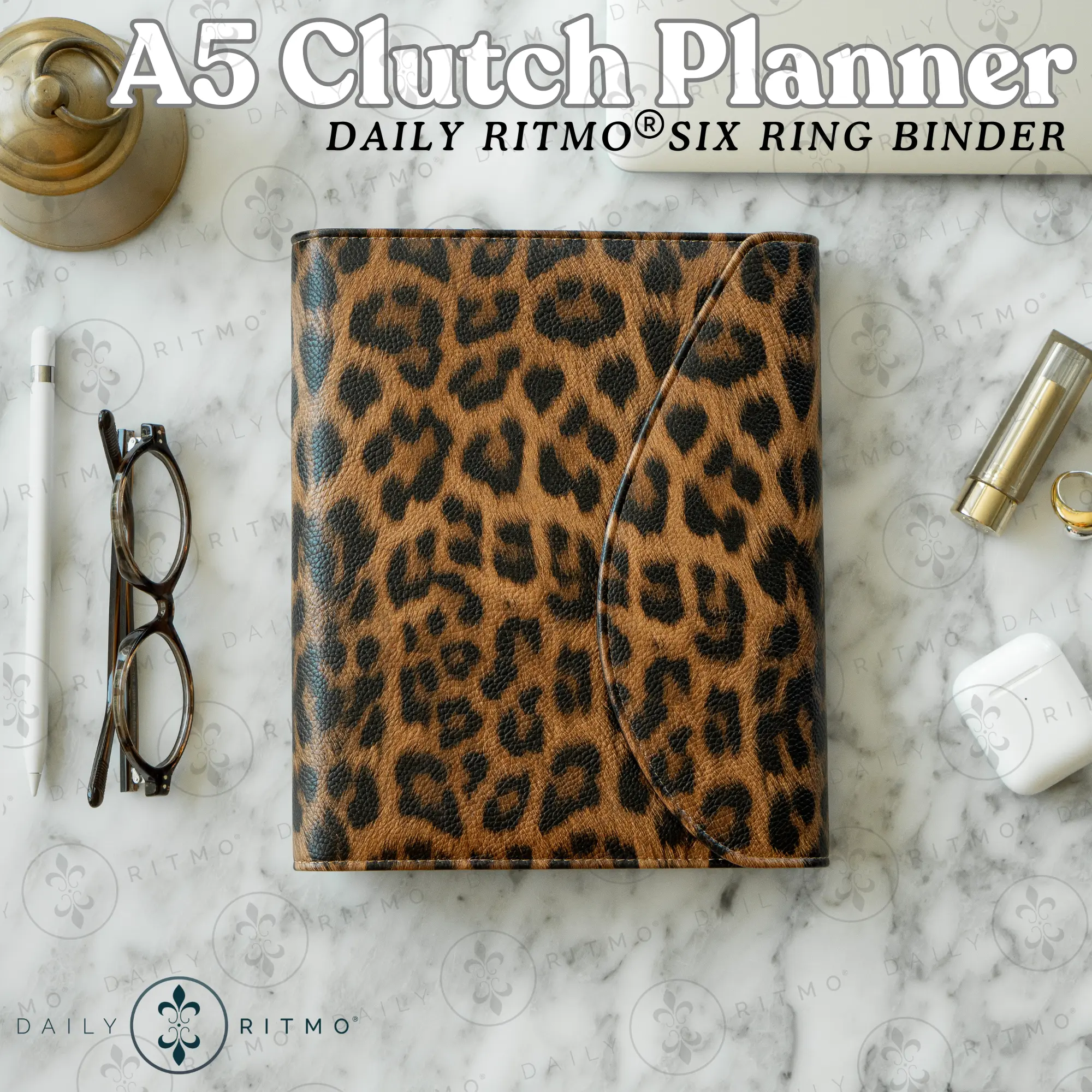 DAILY RITMO A5 Clutch Planner Leopard Print PU Leather 6-Ring Binder Cover, All-in-1 Organizer for Entrepreneurs, 160 Planning Pages, Ideal for Students & Teachers, Mother's Day Gift Option