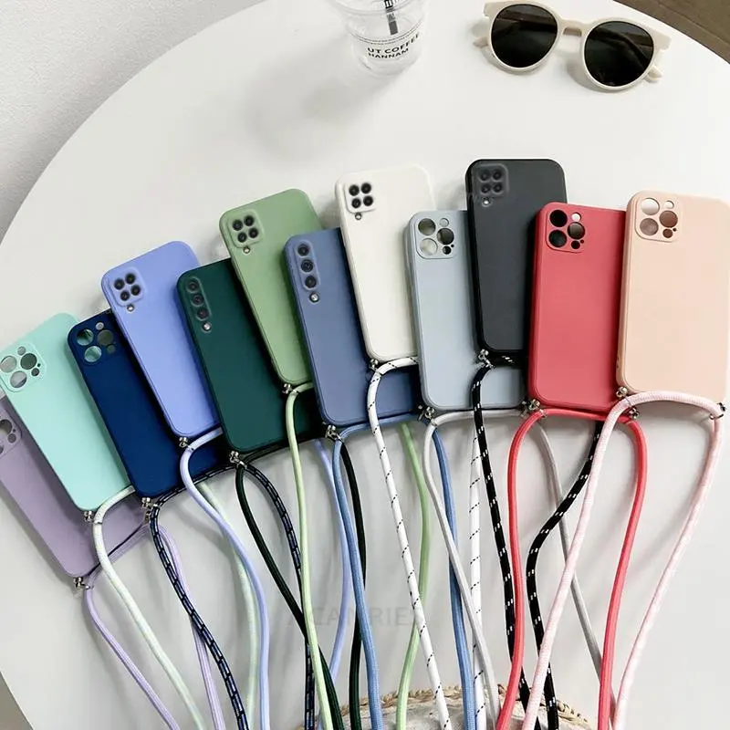 A 12 22 70 50 Crossbody Necklace Strap Cord Lanyard Liquid Silicone Case For Samsung Galaxy A12 A22 5G 4G A70 A50 Back Cover