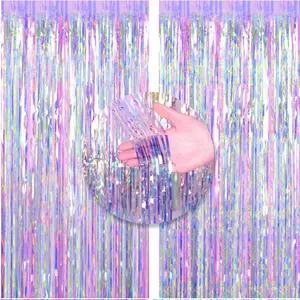 2 Pcs 3 ft x 8.3 ft Shiny Colorful Metallic Tinsel Foil Fringe Curtains-Photo Booth Props for Engagement, Bridal Shower, Bachelorette, Baby Shower, Holiday Celebration Party Decorations