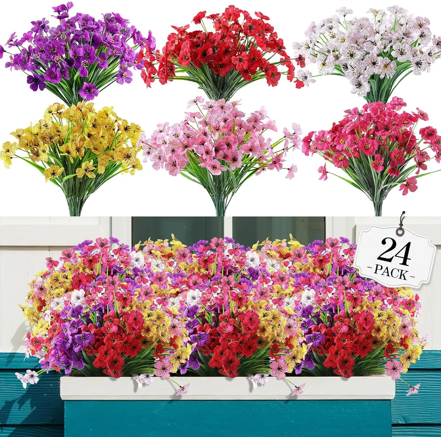 Farmhouse Colorful Eco-Friendly Silk Artificial Flowers Set - 12/24-Bundle, Waterproof, UV-Resistant Plastic Outdoor Faux Plants with Flexible Stems, No-Fade Floral Decor Hanging Planter Ornaments for Porch, Window