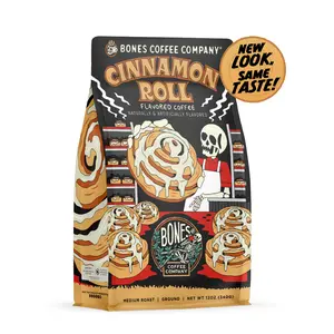 Bones Coffee Company Cinnamon Roll Flavor, Made with Arabica Coffee Beans, Medium Roast, Ground and Whole Coffee (12oz)