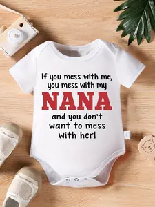 Children's Triangle Bodysuit "If You Mess with Me, You Mess with My Nana And You Don't Want to Mess with Her!" Letter Print Newborn Cute Short-Sleeved Romper Onesie, Perfect for Outdoor