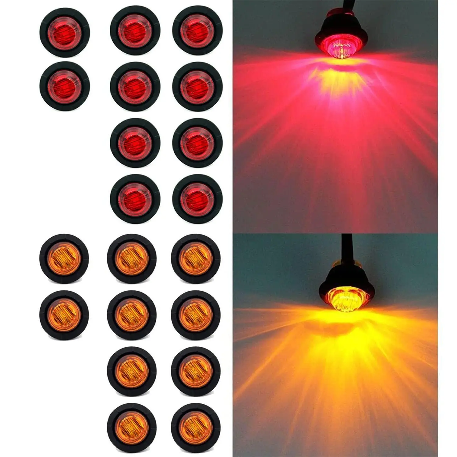20-Pack 3/4" Red and Amber LED Marker Lights, Round Clearance Side Marker Lights Combo for Semi Truck Trailer RV, Waterproof 12V 2-Wire Bullet Kit