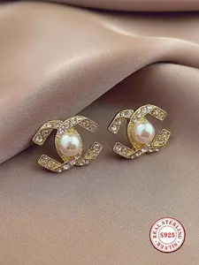 S925 Sterling Silver Double C Pearl Stud Earrings, Hypoallergenic Gold Plated CZ Crystal Earrings, Elegant Small Style Jewelry for Women, Perfect for Daily Wear & Gifting, Zircon Stud Earrings