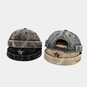 Vintage Washed Denim Brimless Hat for Men & Women Distressed Docker Cap Adjustable Casual Sailor Cap Skullcap Beanie Hat