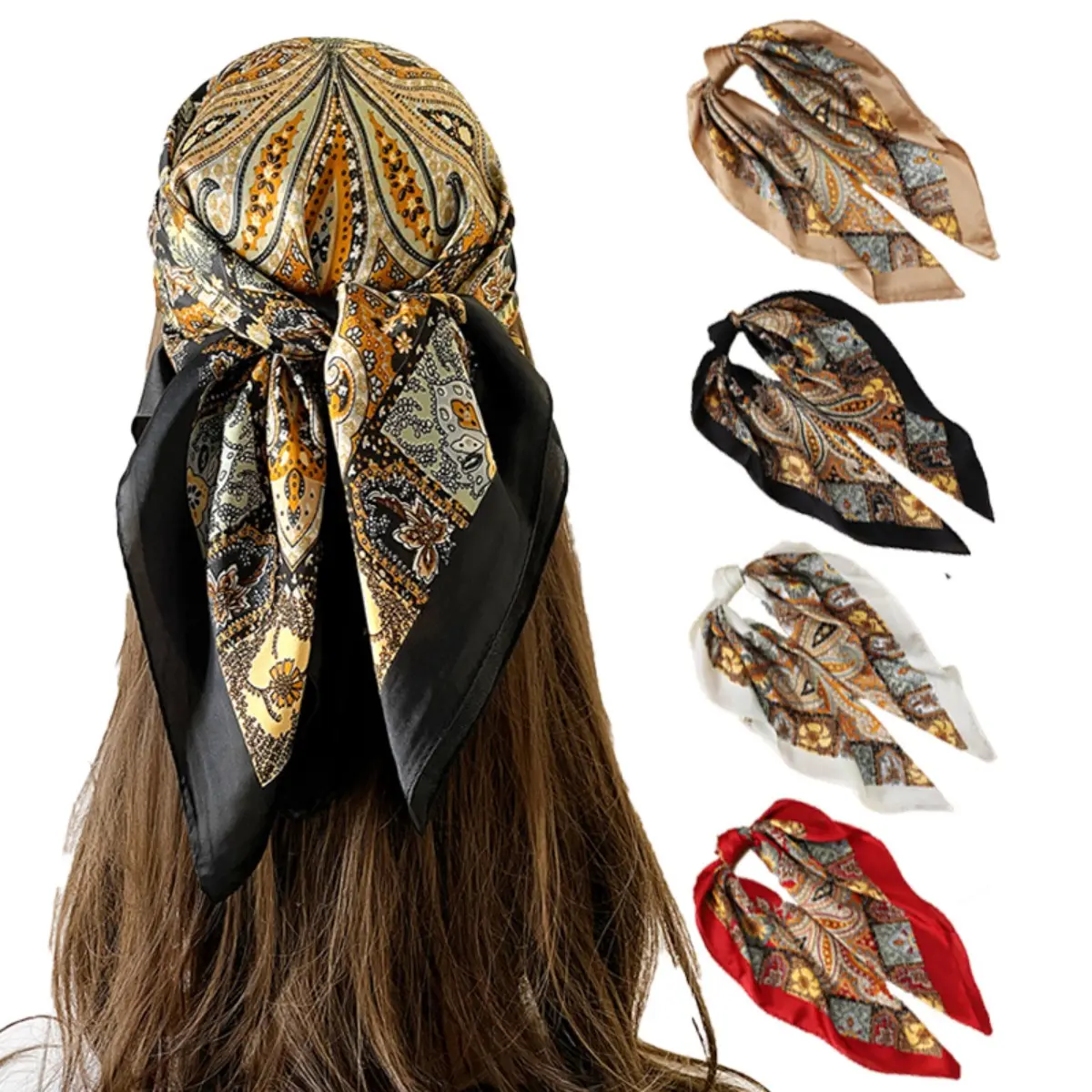 4-Pack Satin Silk Square Scarf Set in Mix Colors, 27x27 in Unisex Head Wrap Turban, Daily Use Bandana for Hair, Neck & Bag Accessory, Neck Scarf Bandana, Matching Headscarf, Unisex Names, Everyday, Multi-Use, Scarf Head Wrap tiktokshopbacktoschool