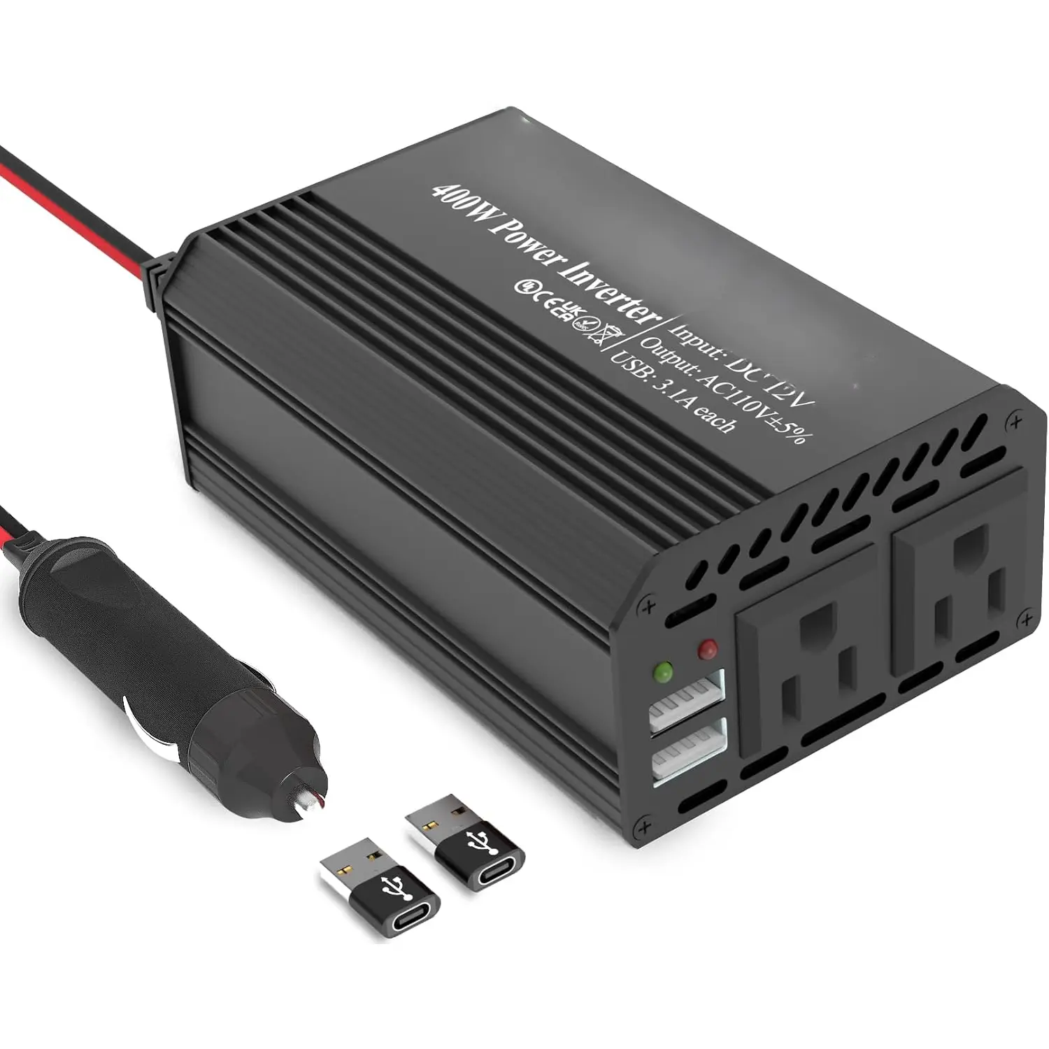800W DC to 110V AC Power Inverter - 400W Continuous Output 12V Compact Vehicle Inverter, Camping Use, 6.2A Dual USB Ports, USB-C Adaptors, Auto Cooling Fan, Built-in Safety Protection, AC Power Supply, Manufacturer Warranty (Black), 800 Watts Dc To Ac