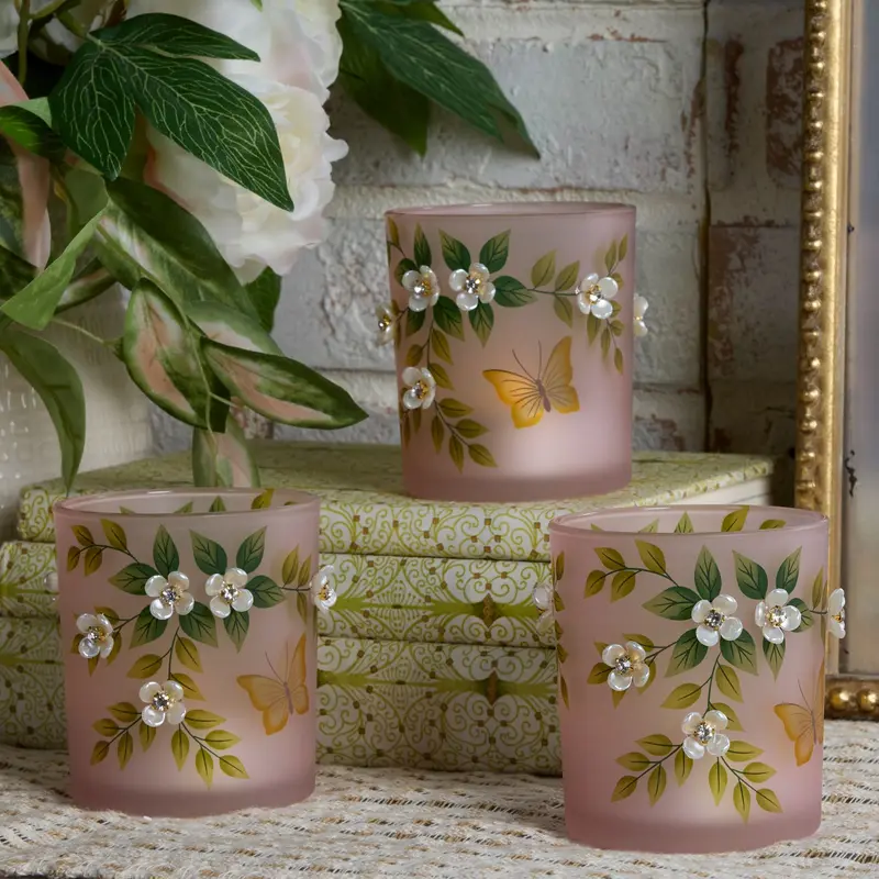 S/3 Illuminated Mini Hurricanes W/ Pearl Flower 4" Tealight by Valerie