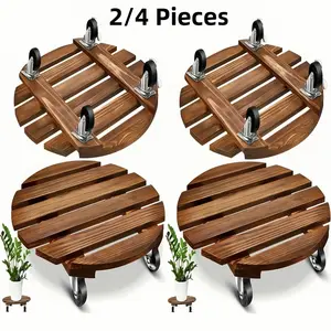 2pcs/set Acacia Wood Rolling Round Plant Caddy for Plant Pots, Heavy Duty Plant Stand with 360° Lockable Wheels, 240Lbs Capacity Caddy for Indoor And Outdoor Use, Large Plant Pots And Flower Pots, Gazebo, Garden Accessories, Plant Pot Holders