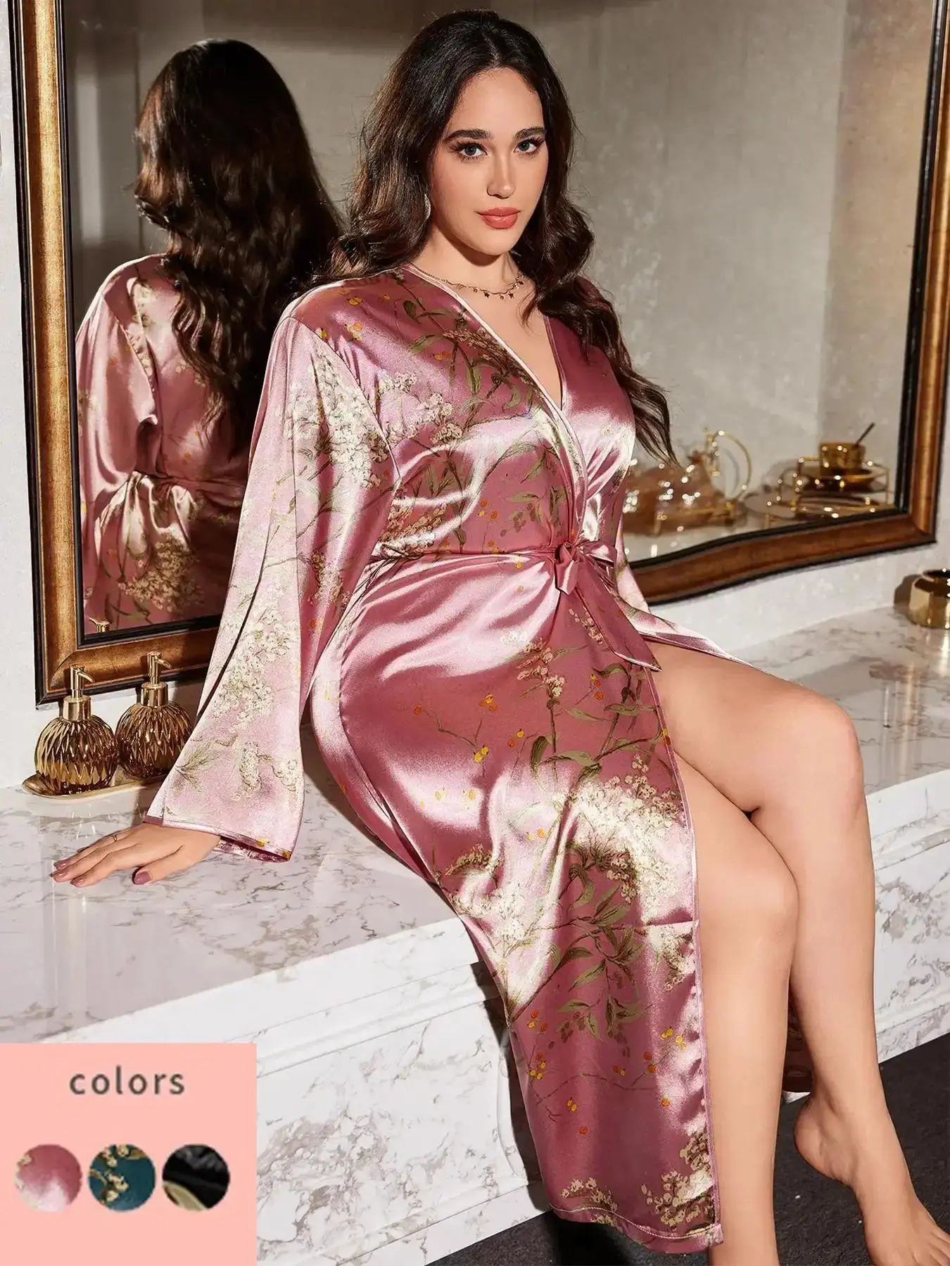 [Plus Size] Random Peach Print Bow Front Fitted Bathrobe, Long Sleeve Open Front Floral Print Dressing Gown, Lady's Sleepwear Loungewear for All Seasons Women, Elegant Bodycon Robe
