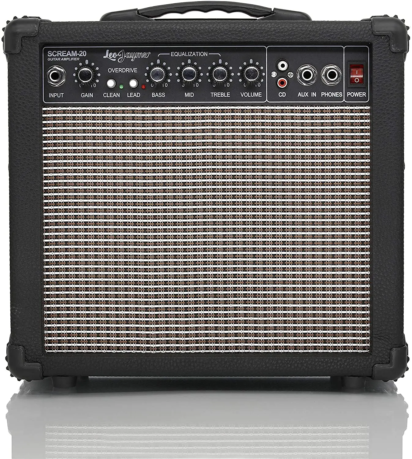 Leo Jaymz Portable Compact 20W Electric Guitar Amplifier - Clean & Distortion Channels, 3-Band Equalization, CD Line Input, Classic Design - for Beginner Guitarists, Practice Rooms, Small Courtyards