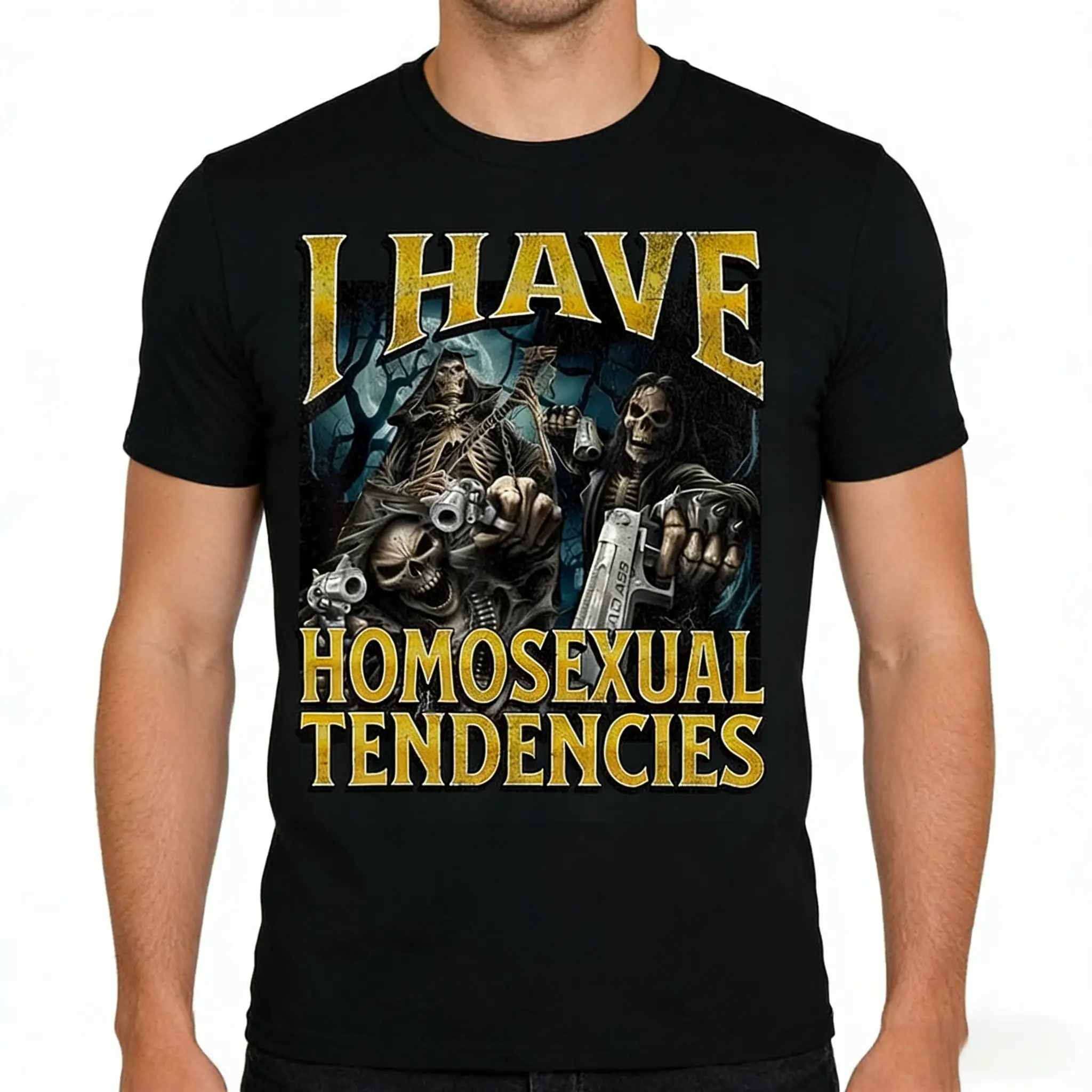 I Have Homosexual Tendencies Skeleton Meme T-Shirt, Unisex Sarcastic Graphic Tee, Loose Sports Novelty Short Sleeve Apparel for Men and Women, Aesthetic Ironic Fashion Top, Viral Humor Streetwear Shirt