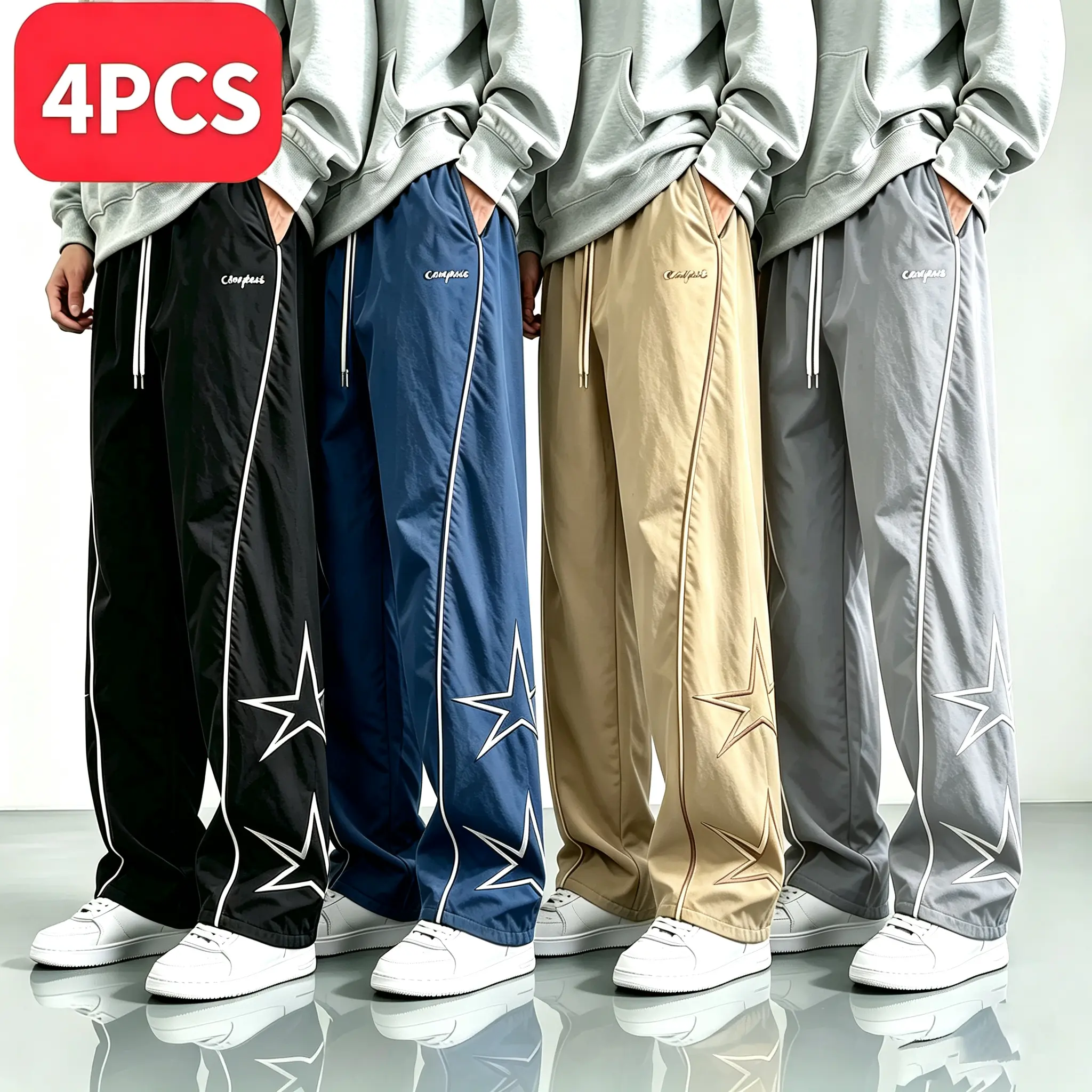 4-pack men’s campus-style fashion joggers with star embroidery — effortlessly switch between casual and athletic looks, featuring comfortable fabric and a stylish, versatile design, available in multiple colors.